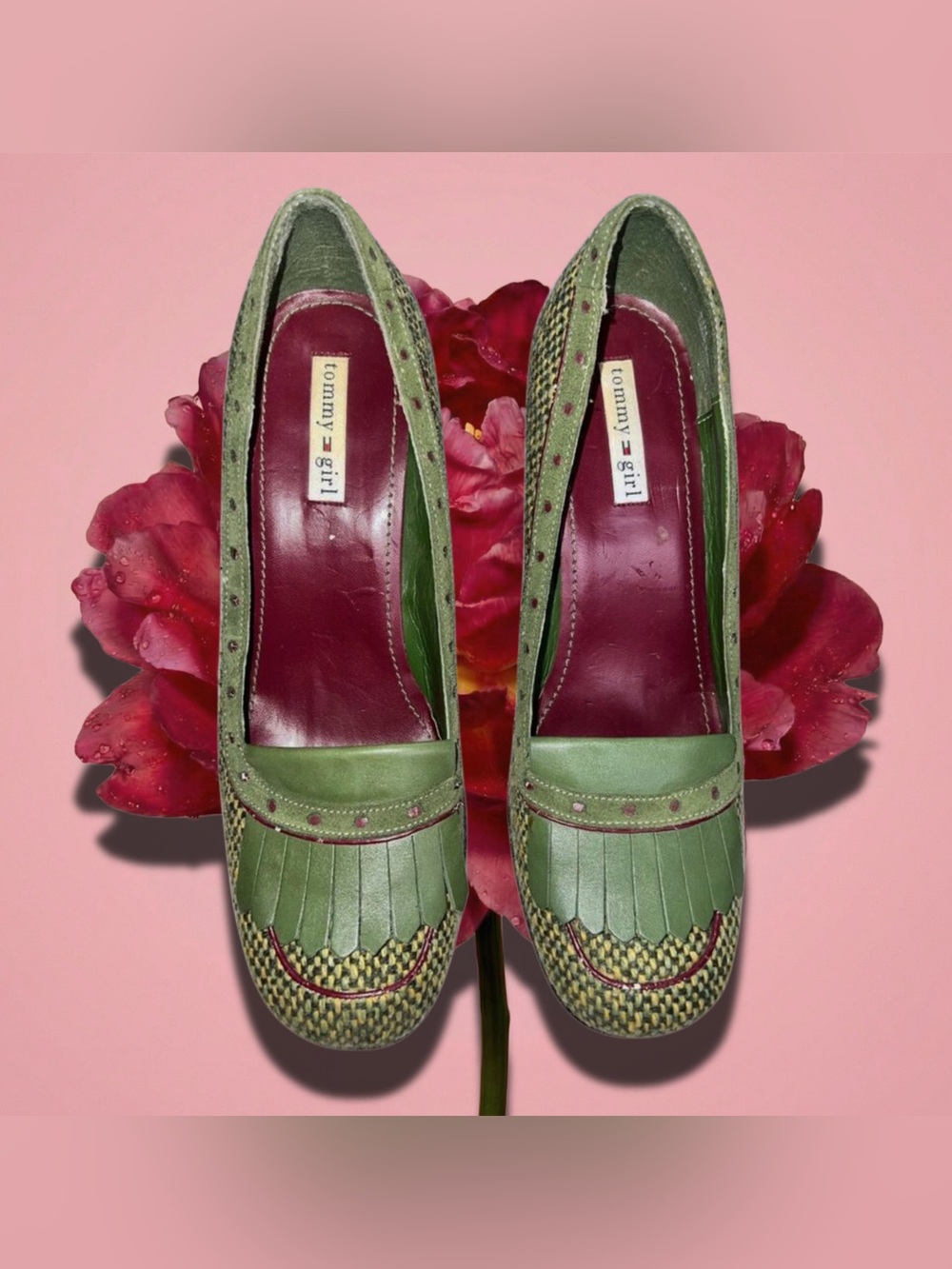 Tommy Girl Chic Green and Yellow Patterned Heels w/Striking Deep Red Details